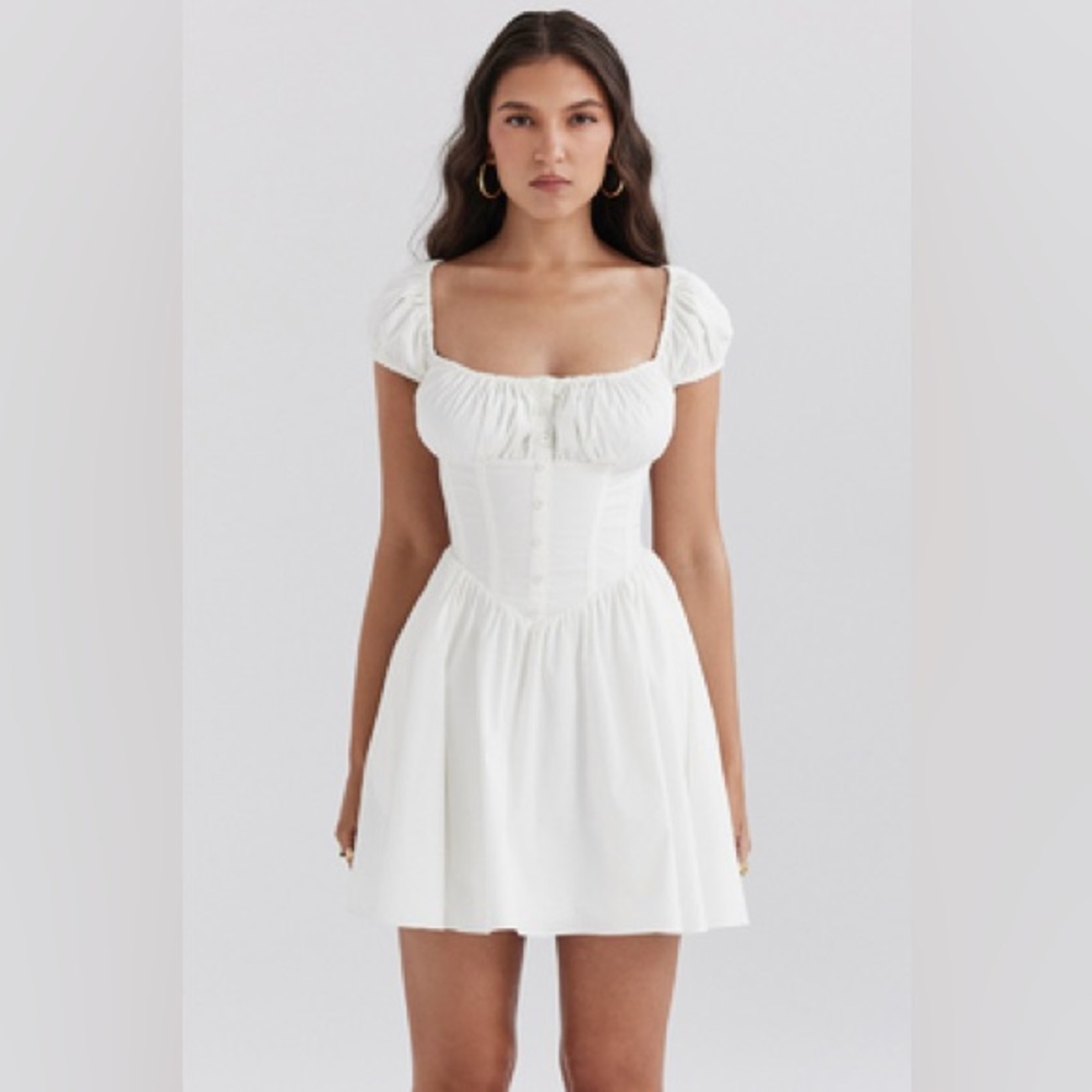 NALA White Cotton Gathered Mini Dress - House of CB Sz Small